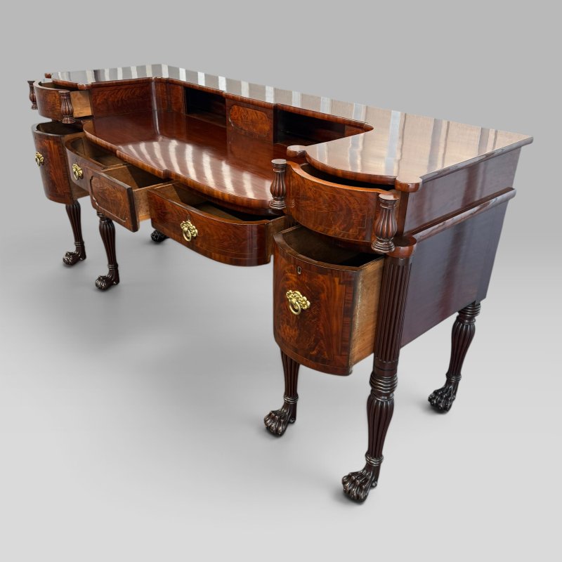 Antique Regency Inlaid Flame Mahogany Sideboard with Six Lion Paw Feet - Image 6