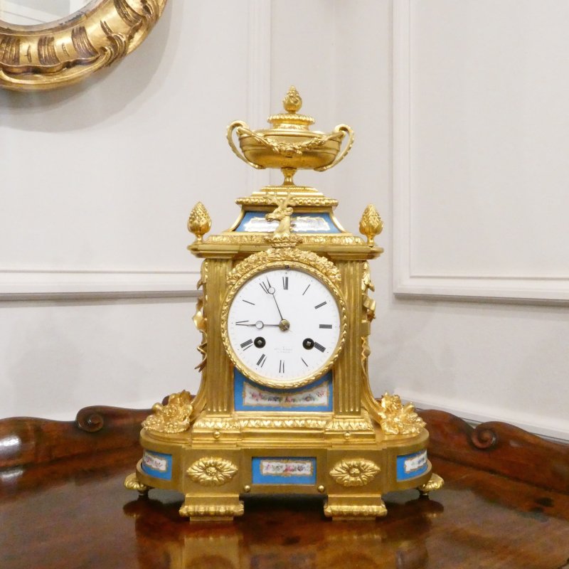 French Louis XVI Style Gilt Bronze & Porcelain Mantel Clock by Henry Marc
