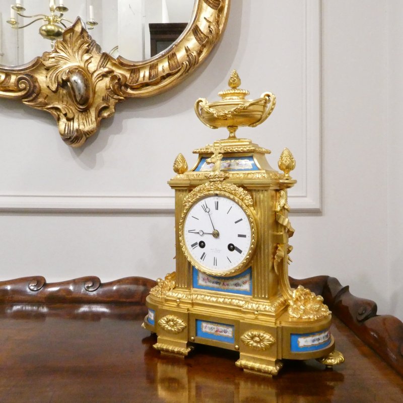 French Louis XVI Style Gilt Bronze & Porcelain Mantel Clock by Henry Marc - Image 2