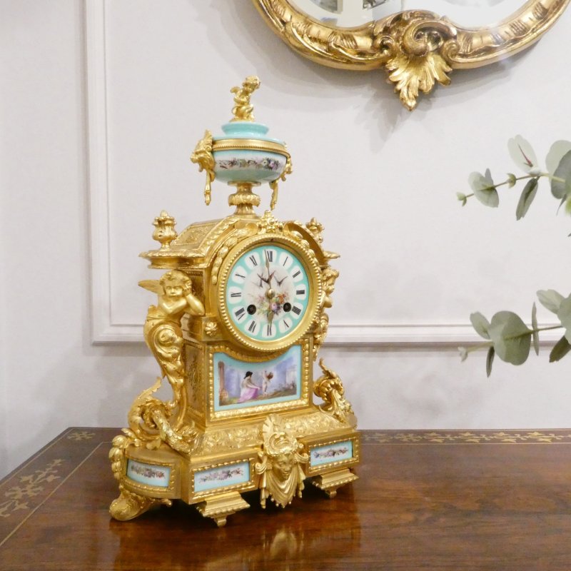 French Gilt Bronze & Porcelain Mantel Clock