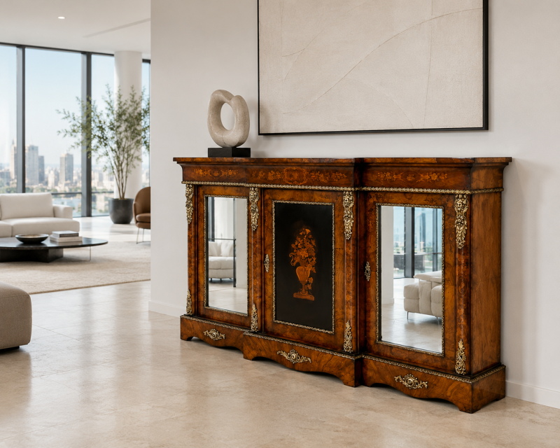 Antique Victorian Burr Walnut Marquetry Cabinet Sideboard - Image 2
