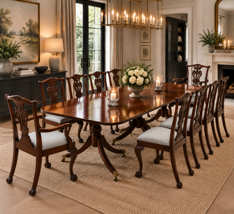 Antique Georgian Figured Mahogany Three Pedestal 10–12 Seater Dining Table - Image 2