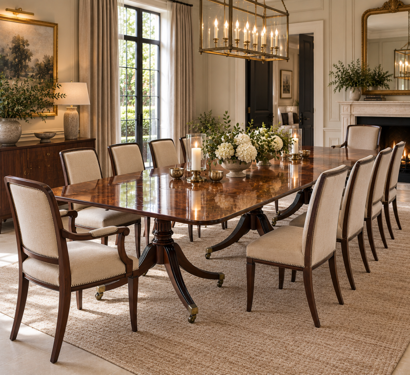 Antique Georgian Figured Mahogany Three Pedestal 10–12 Seater Dining Table - Image 8