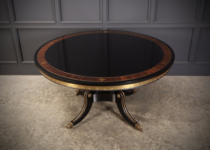 Striking Brass Inlaid Ebonised Round Centre Table - Image 6