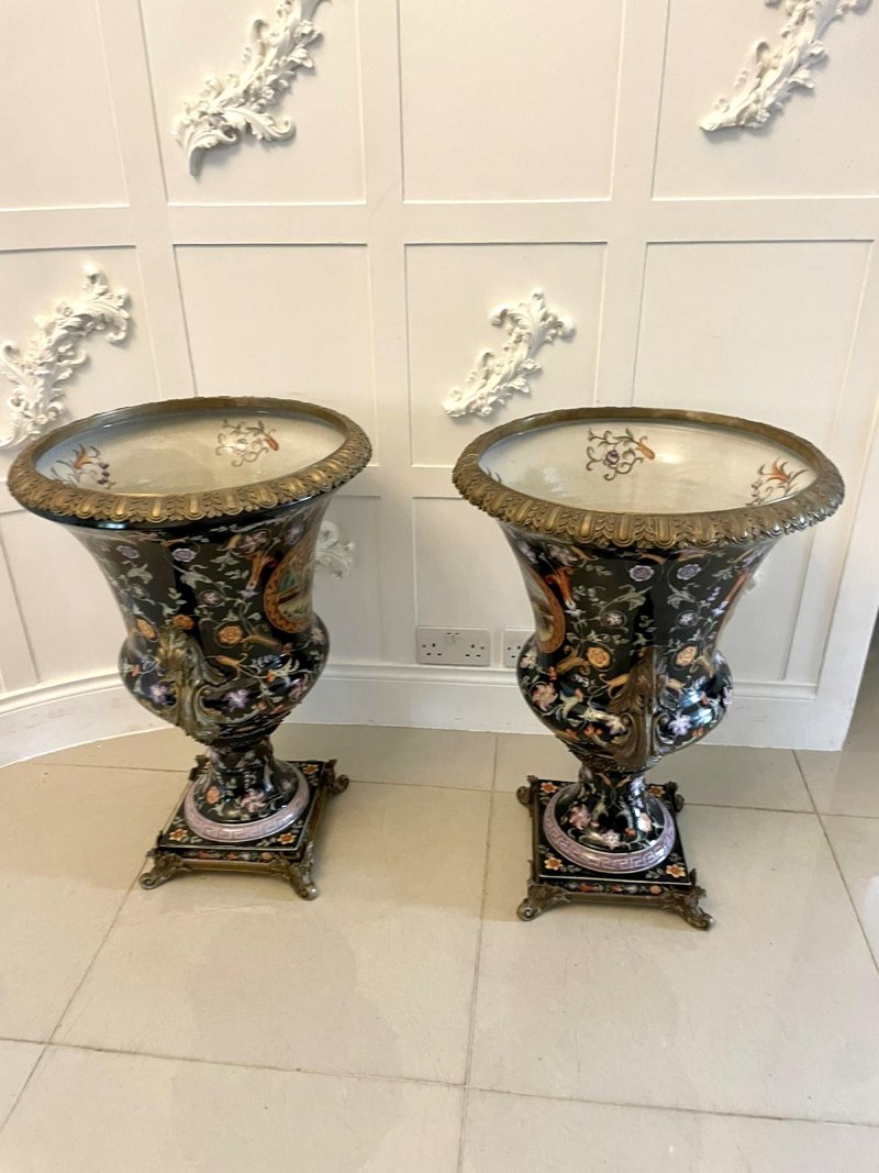 Antique French Porcelain & Brass Mounted Pair of Jardinière Urns - Image 3