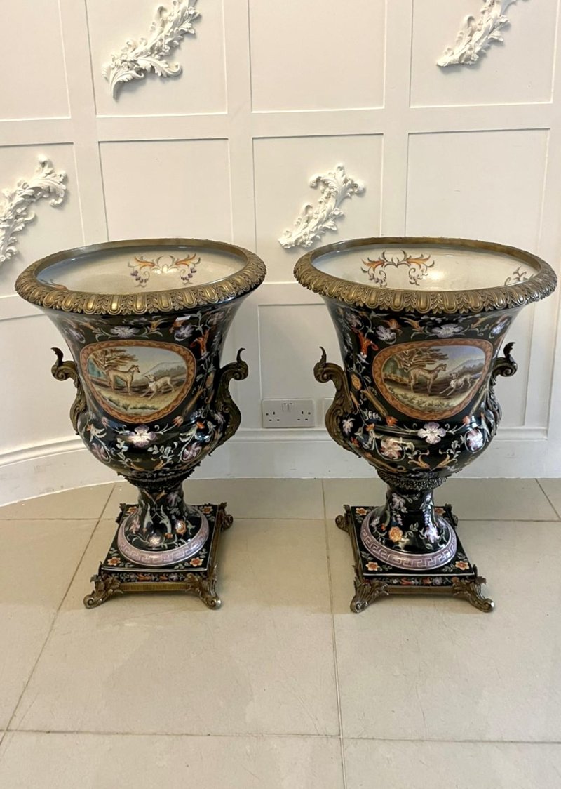 Antique French Porcelain & Brass Mounted Pair of Jardinière Urns