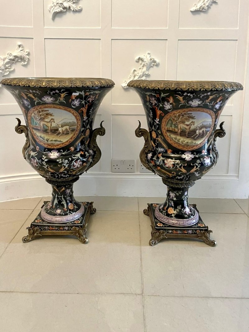 Antique French Porcelain & Brass Mounted Pair of Jardinière Urns - Image 4