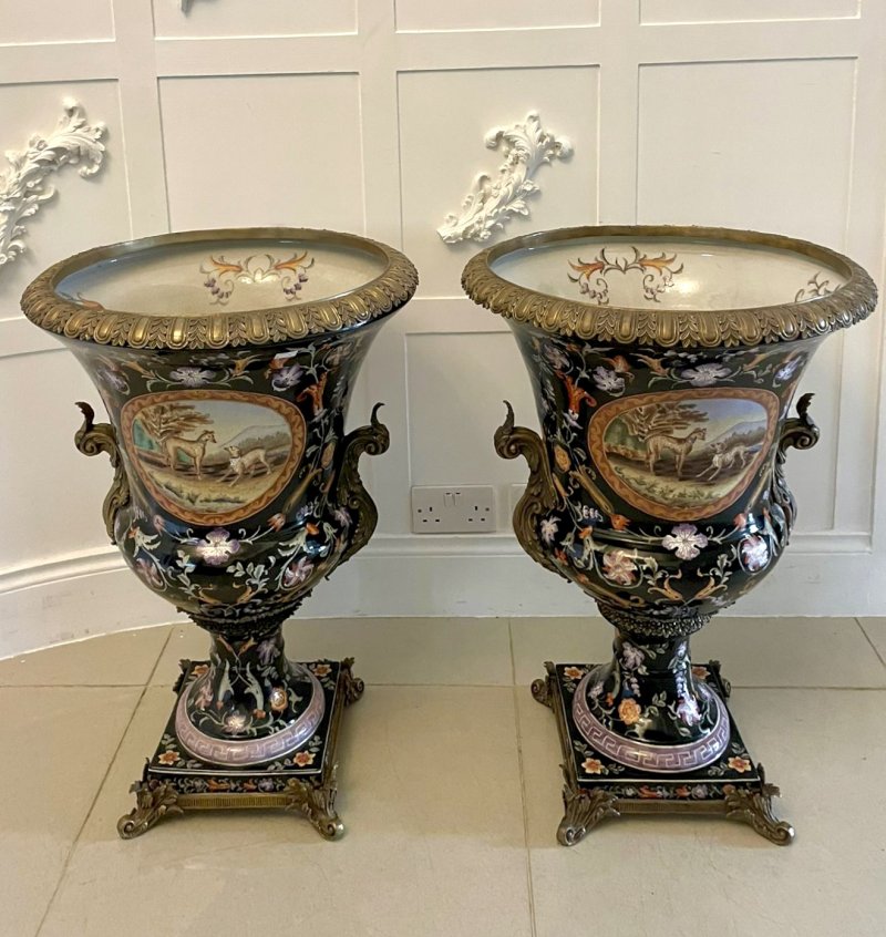 Antique French Porcelain & Brass Mounted Pair of Jardinière Urns - Image 5
