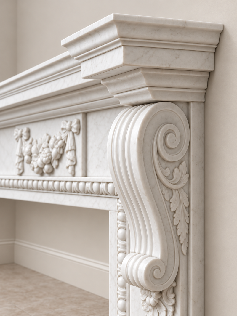 Fine Pair of Large Antique Edwardian Carved White Marble Fireplaces - Image 4