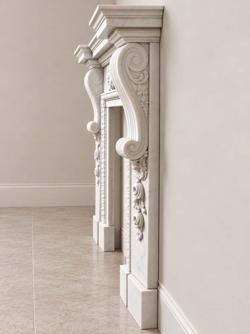Fine Pair of Large Antique Edwardian Carved White Marble Fireplaces - Image 6