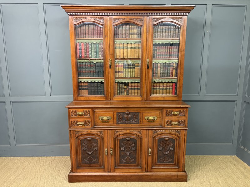 Victorian Carved Walnut Secretaire Bookcase