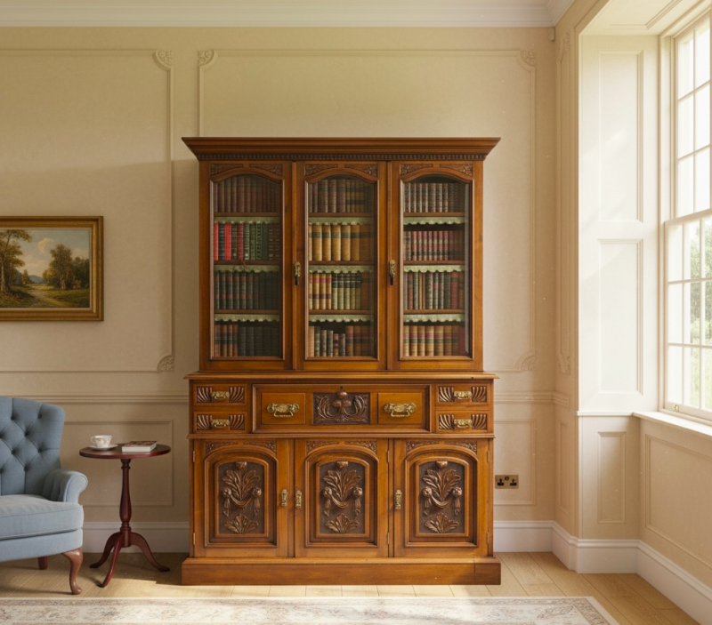 Victorian Carved Walnut Secretaire Bookcase - Image 2