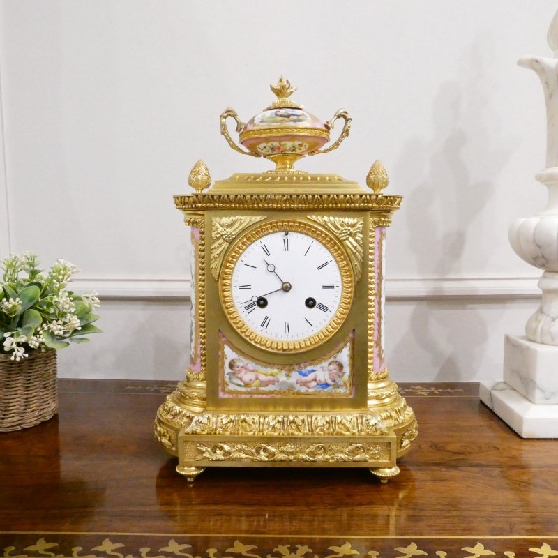 French Gilt Bronze & Porcelain Mantel Clock by Jean Baptiste Delettrez