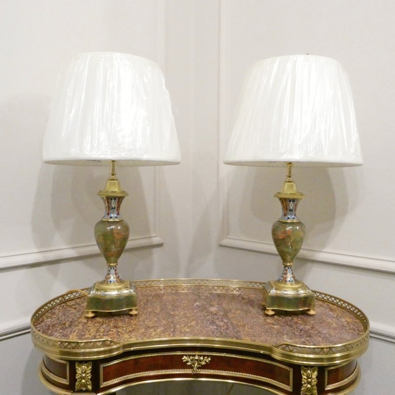 Pair of French Onyx & Champleve Table Lamps