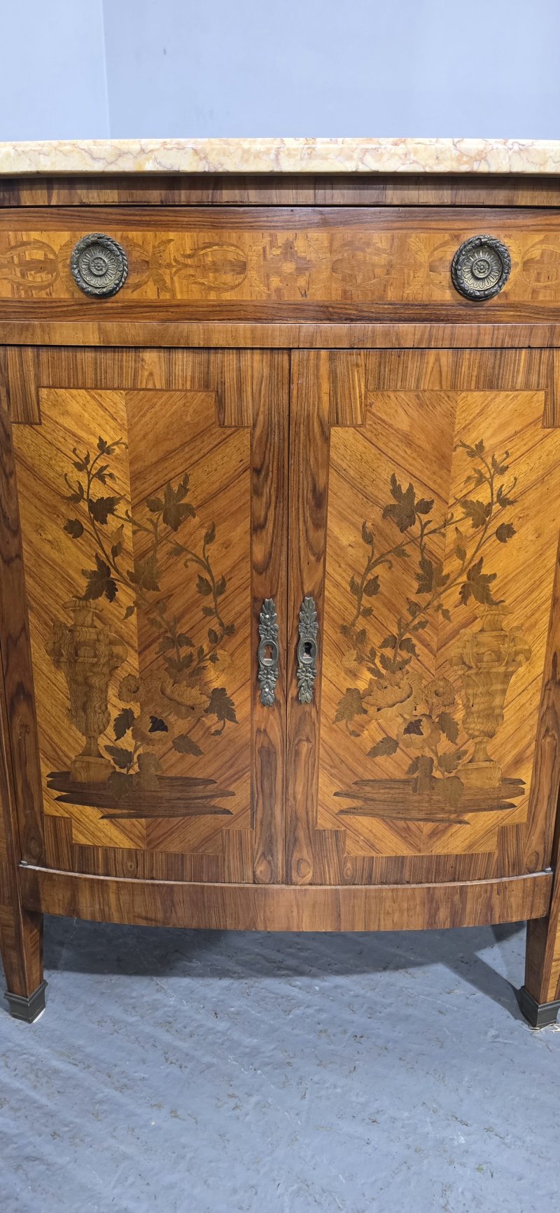 French Marquetry Inlaid Demi Lune Cabinet - Image 6