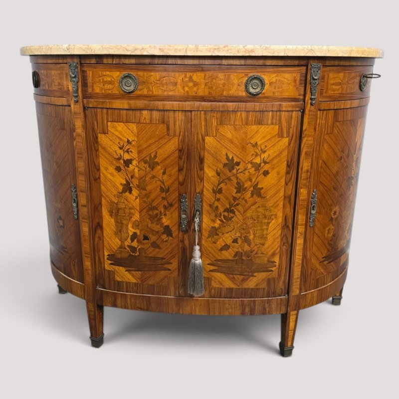 French Marquetry Inlaid Demi Lune Cabinet
