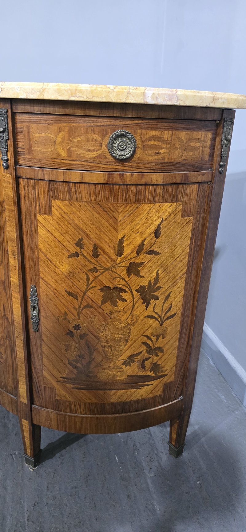 French Marquetry Inlaid Demi Lune Cabinet - Image 12
