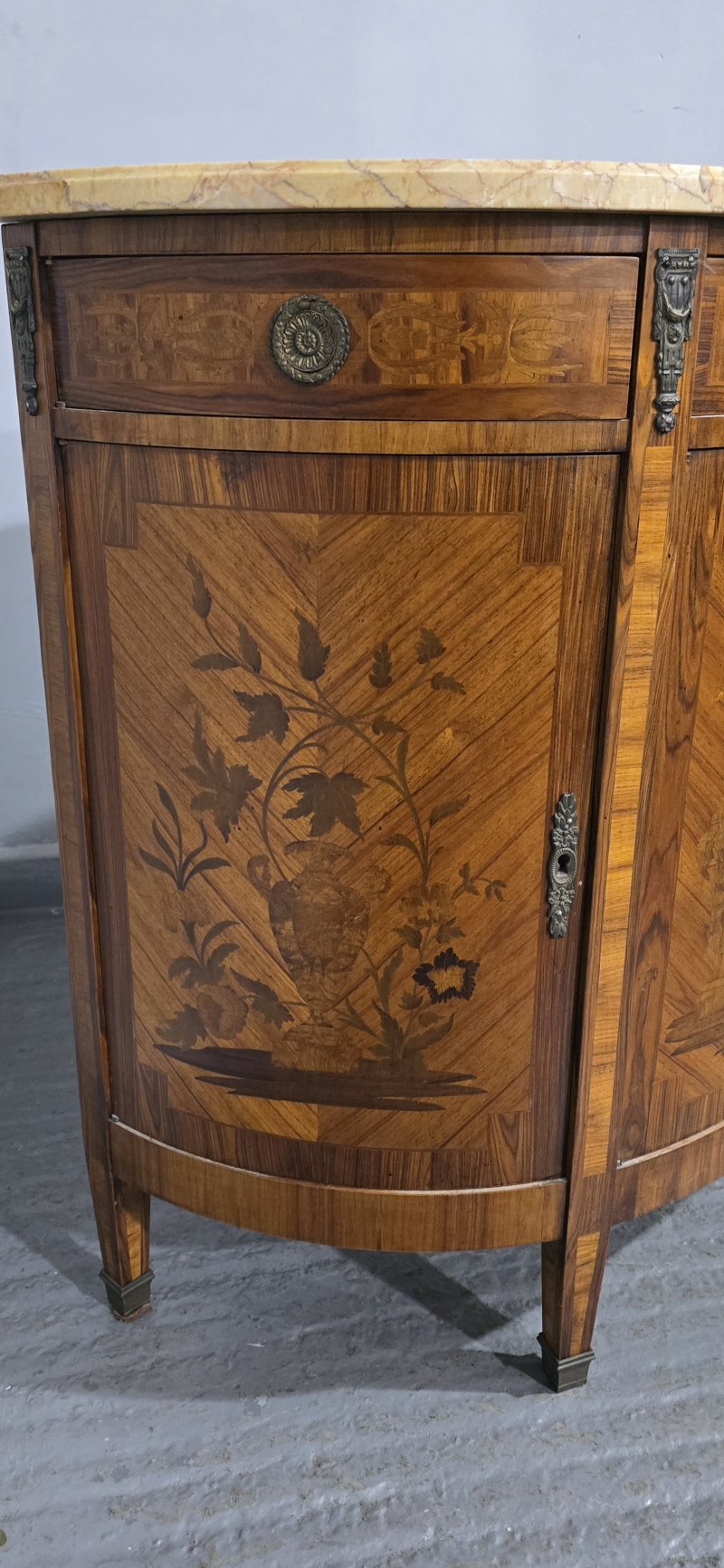 French Marquetry Inlaid Demi Lune Cabinet - Image 4