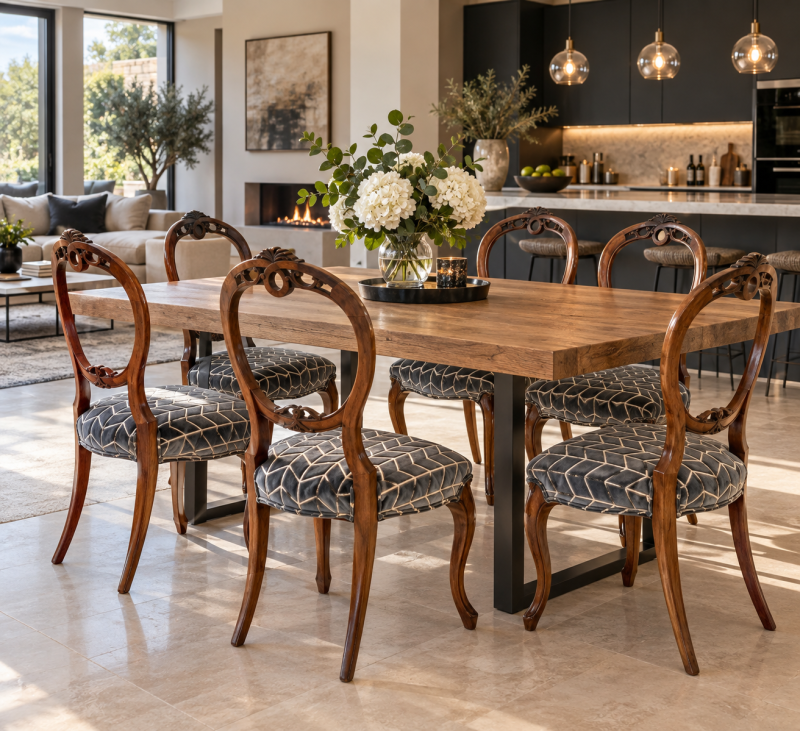 Antique Victorian Walnut Set of 6 Carved Balloon Back Dining Chairs - Image 3