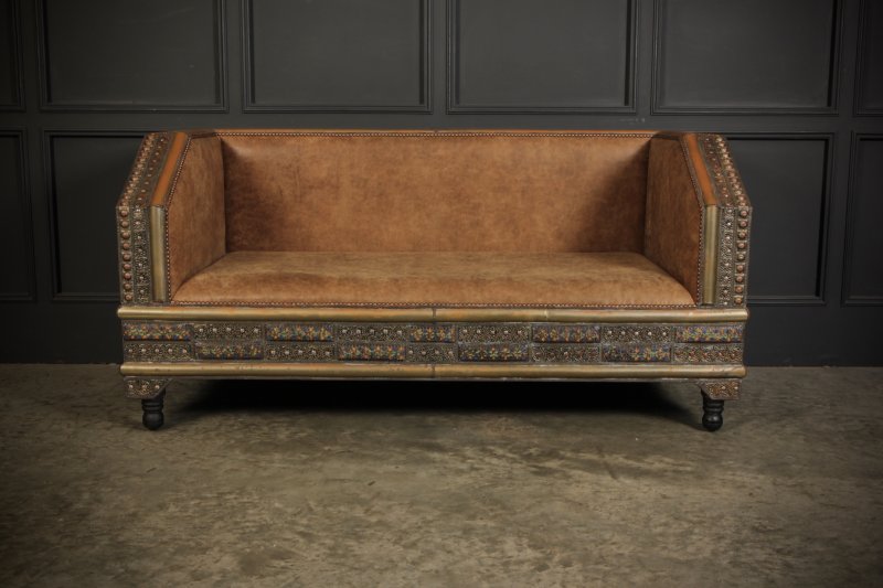 Moroccan Embossed Metal & Leather Sofa - Image 4