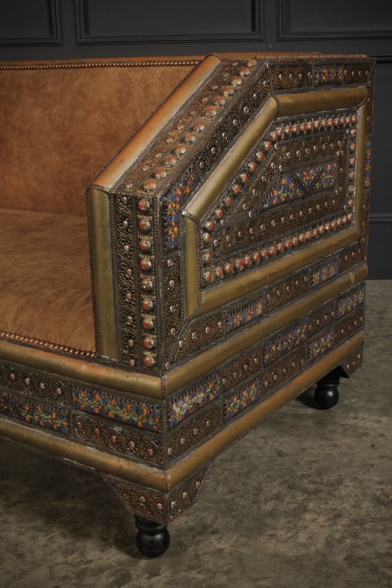Moroccan Embossed Metal & Leather Sofa - Image 9