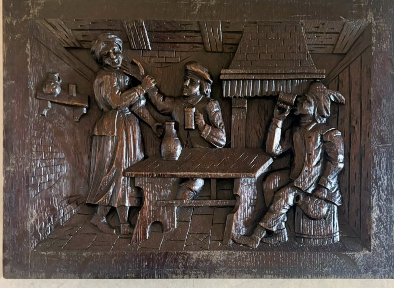 Antique Victorian Set of Five Flemish Carved Oak Tavern Scene Wall Panels - Image 6