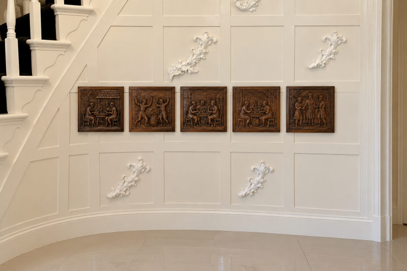 Antique Victorian Set of Five Flemish Carved Oak Tavern Scene Wall Panels