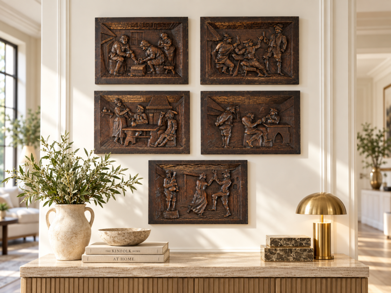 Antique Victorian Set of Five Flemish Carved Oak Tavern Scene Wall Panels - Image 2