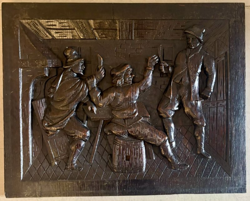 Antique Victorian Set of Five Flemish Carved Oak Tavern Scene Wall Panels - Image 5