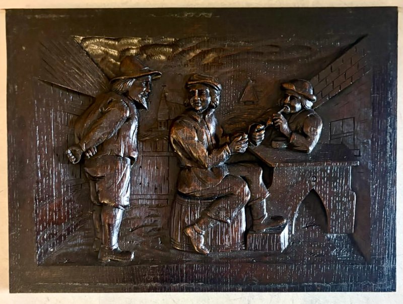 Antique Victorian Set of Five Flemish Carved Oak Tavern Scene Wall Panels - Image 4
