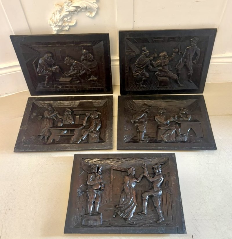 Antique Victorian Set of Five Flemish Carved Oak Tavern Scene Wall Panels - Image 3