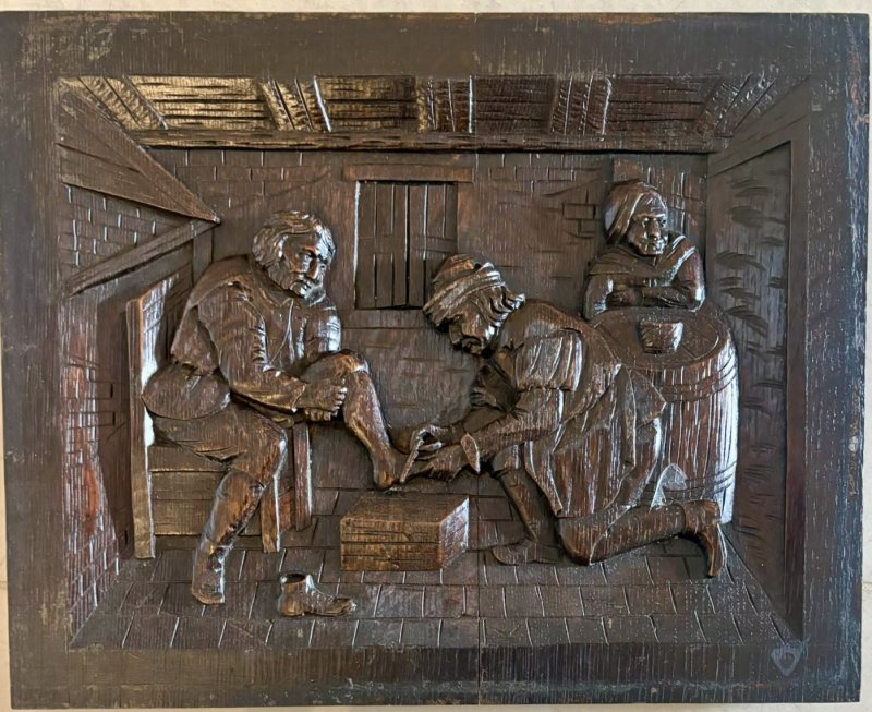 Antique Victorian Set of Five Flemish Carved Oak Tavern Scene Wall Panels - Image 7