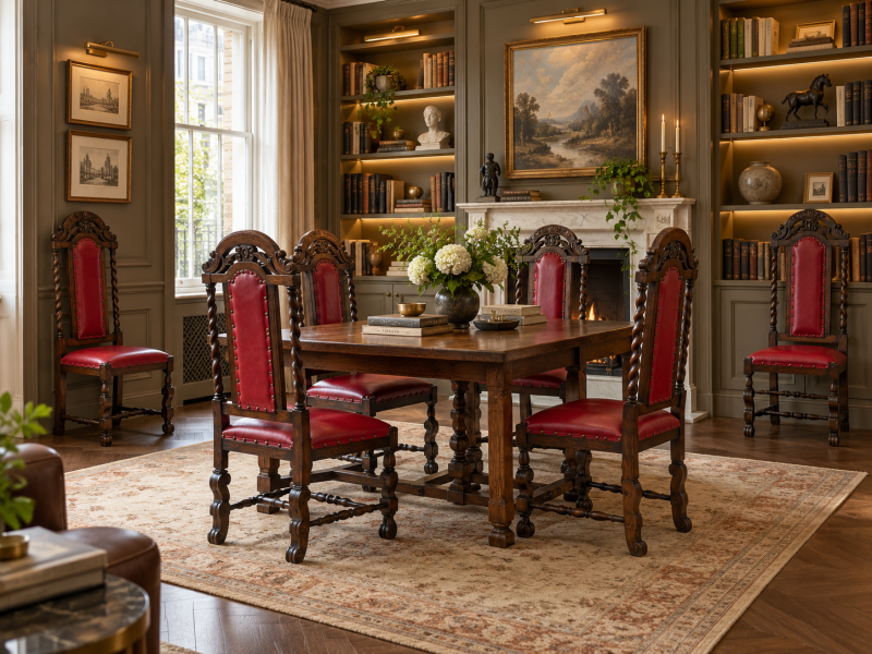 Antique Victorian Set of Six Carved Oak Barley Twist Dining Chairs - Image 2