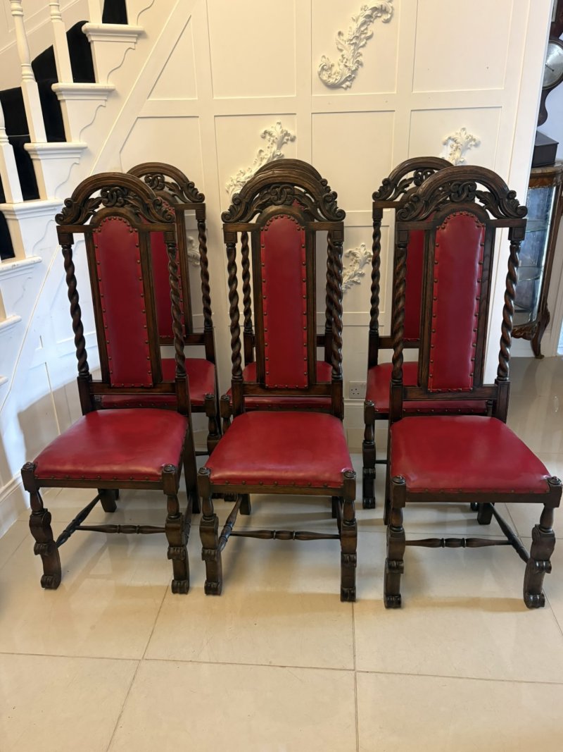Antique Victorian Set of Six Carved Oak Barley Twist Dining Chairs