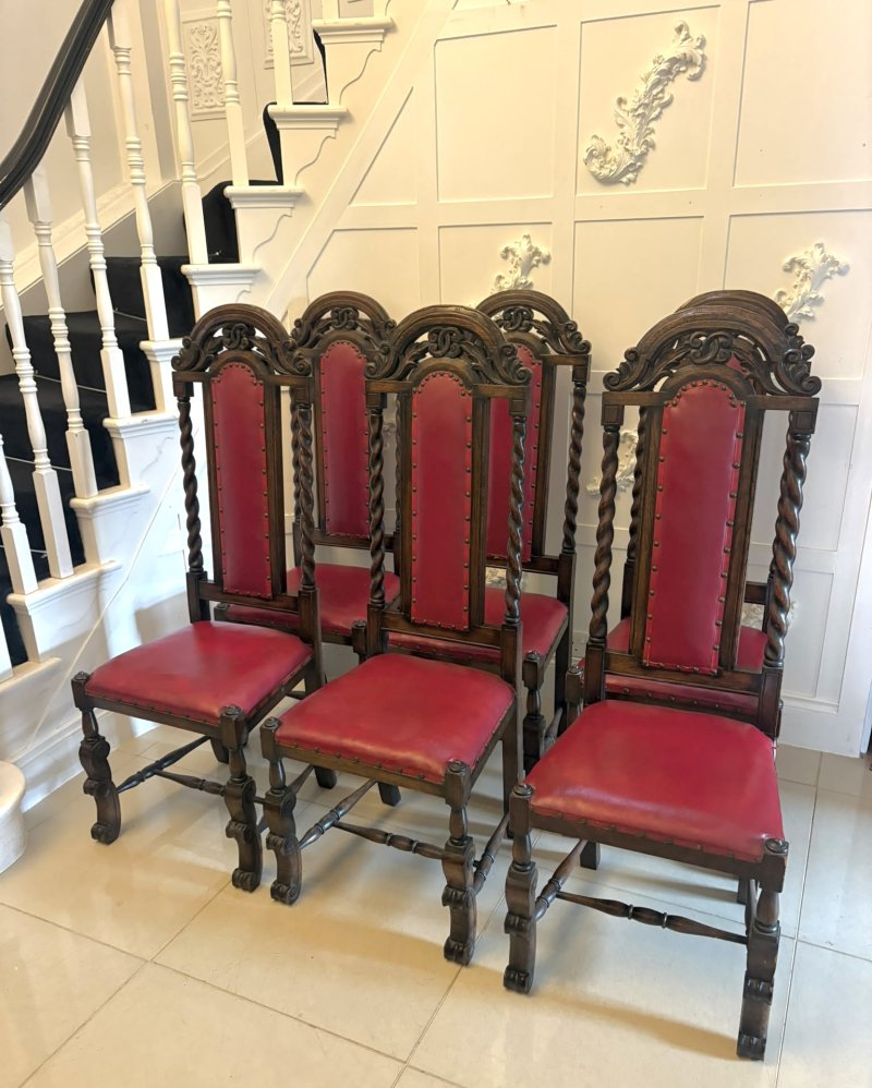 Antique Victorian Set of Six Carved Oak Barley Twist Dining Chairs - Image 3
