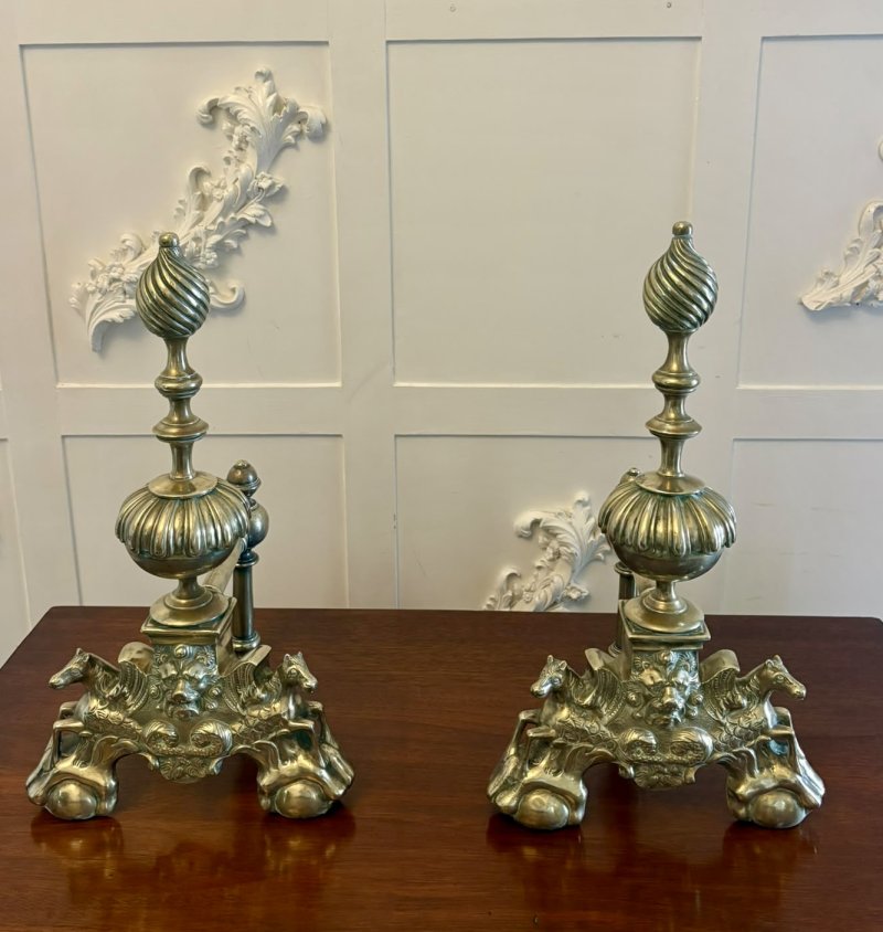 Antique Victorian Large Ornate Brass Fire Dogs And irons