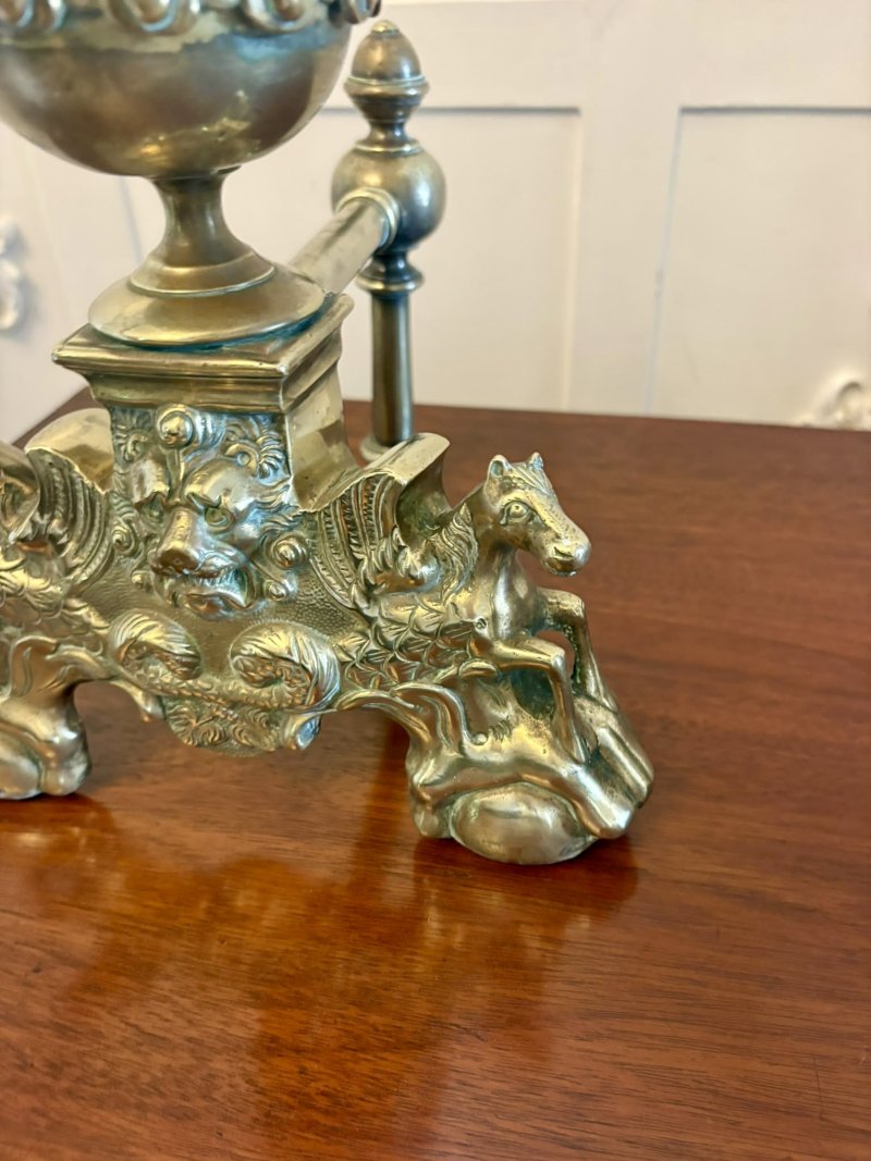 Antique Victorian Large Ornate Brass Fire Dogs And irons - Image 9