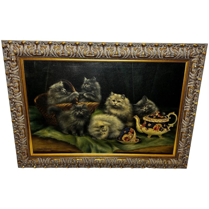 Decorative Persian Cat and Kittens Oil Painting Agnes Augusta Talboys