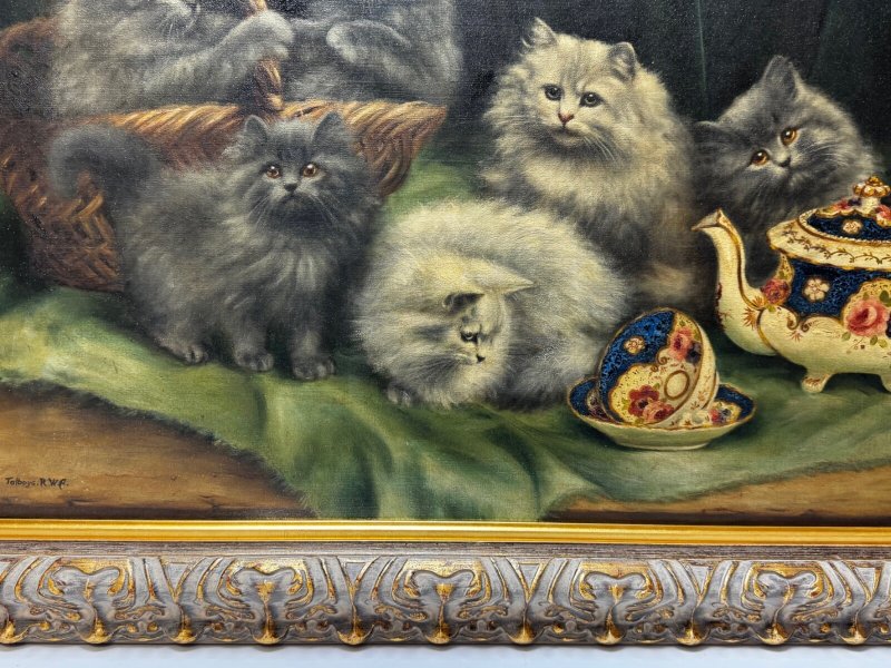 Decorative Persian Cat and Kittens Oil Painting Agnes Augusta Talboys - Image 4