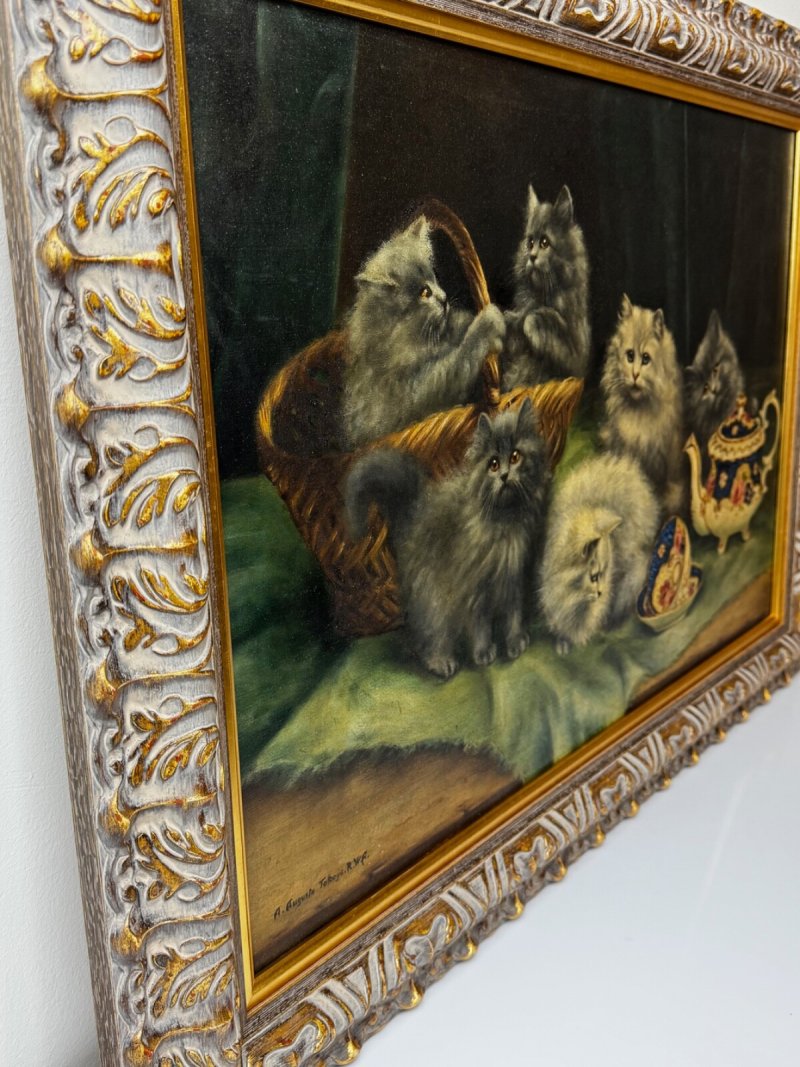 Decorative Persian Cat and Kittens Oil Painting Agnes Augusta Talboys - Image 3