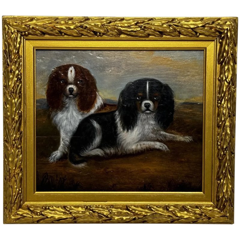 English Country House King Charles Spaniels Victorian Oil Painting Circa 1880