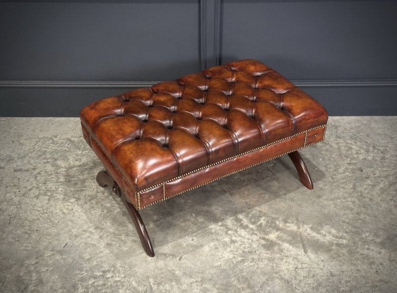 Hand Dyed Buttoned Leather Footstool - Image 3