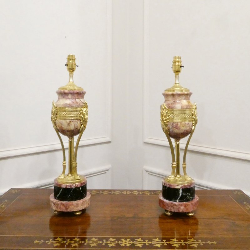 Pair of French Marble & Gilt Bronze Cassolette Table Lamps
