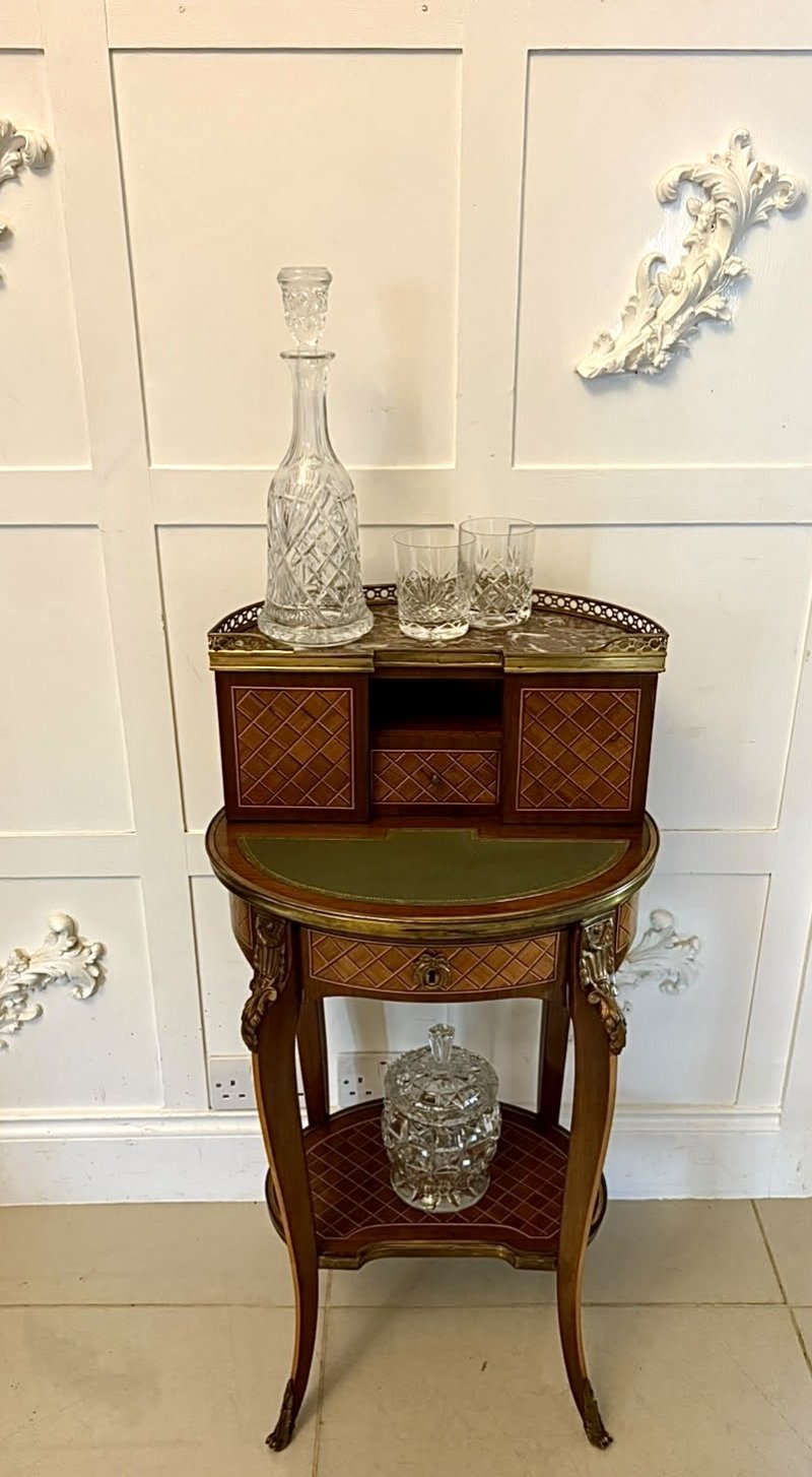 Antique French Kingwood Parquetry Freestanding Ormolu Lady’s Writing Desk Bonheur Du Jour - Image 4