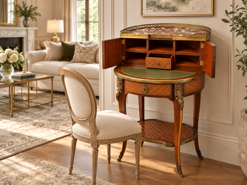 Antique French Kingwood Parquetry Freestanding Ormolu Lady’s Writing Desk Bonheur Du Jour - Image 3