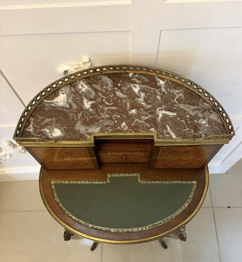 Antique French Kingwood Parquetry Freestanding Ormolu Lady’s Writing Desk Bonheur Du Jour - Image 5