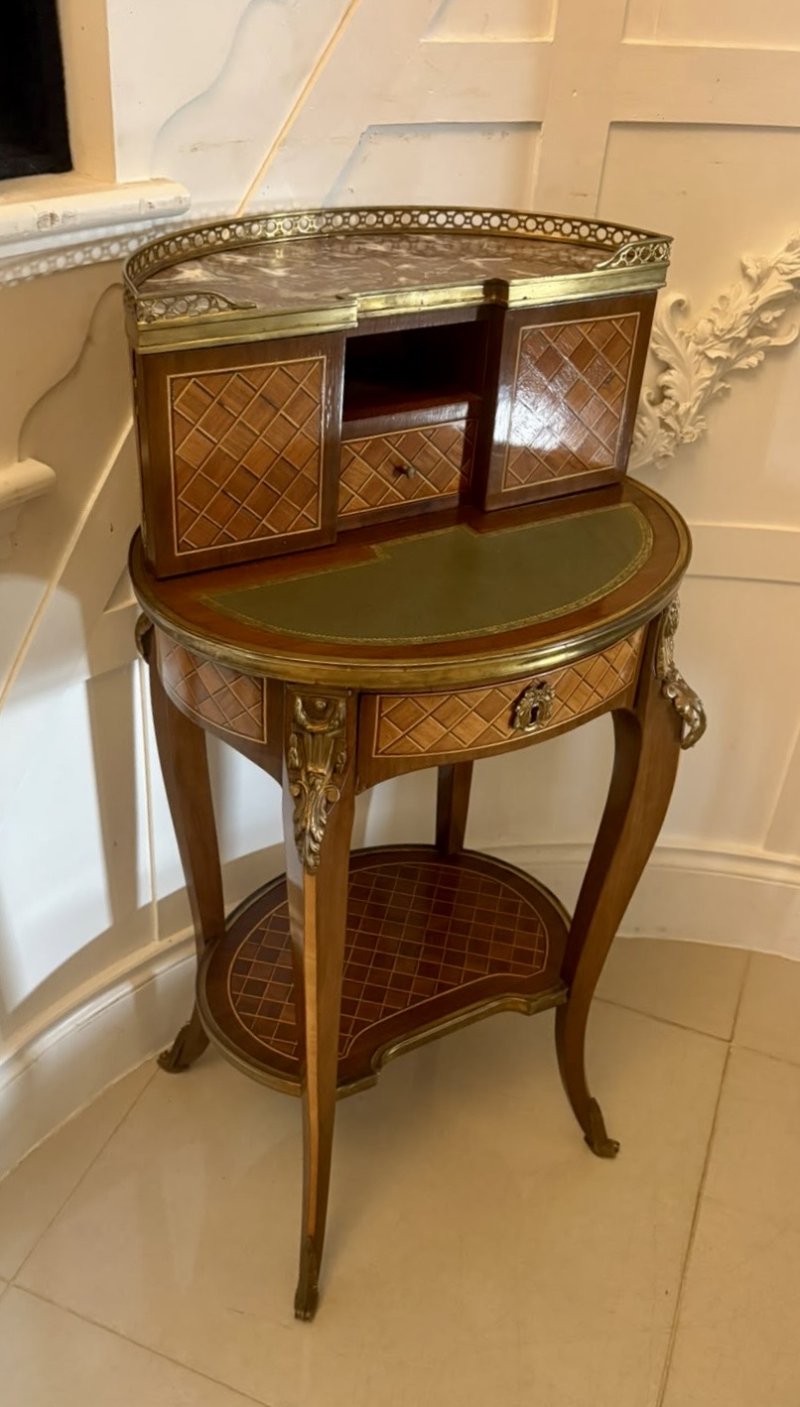 Antique French Kingwood Parquetry Freestanding Ormolu Lady’s Writing Desk Bonheur Du Jour - Image 10