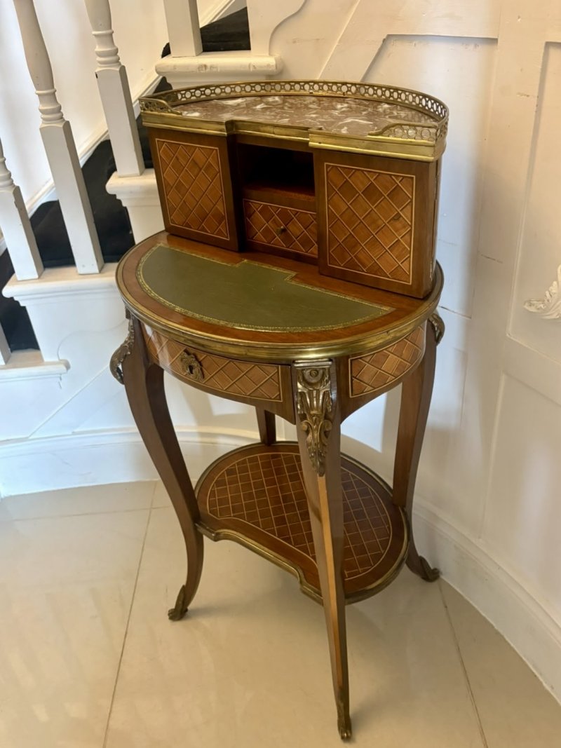 Antique French Kingwood Parquetry Freestanding Ormolu Lady’s Writing Desk Bonheur Du Jour - Image 13