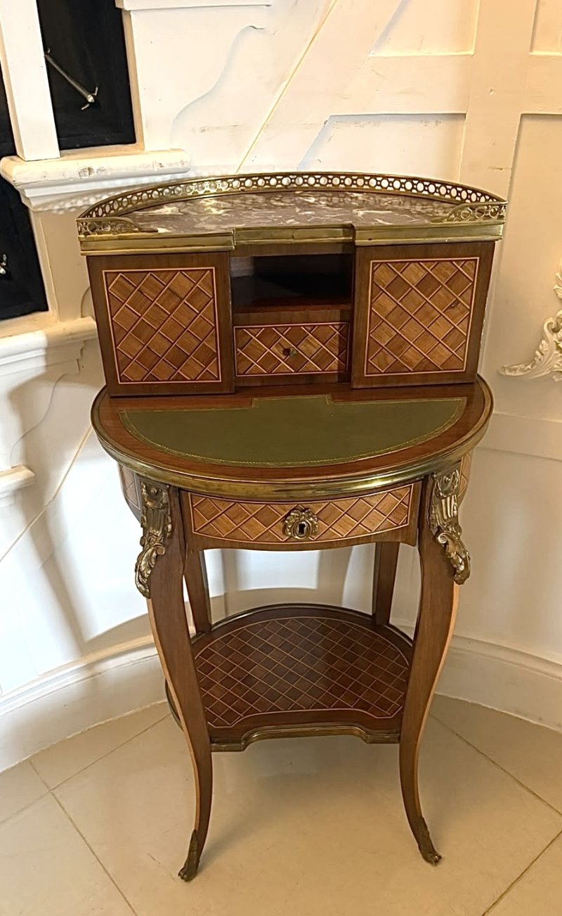 Antique French Kingwood Parquetry Freestanding Ormolu Lady’s Writing Desk Bonheur Du Jour - Image 11