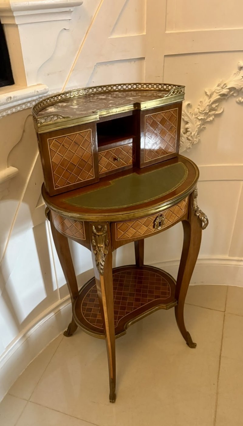 Antique French Kingwood Parquetry Freestanding Ormolu Lady’s Writing Desk Bonheur Du Jour